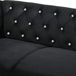 New Classic Furniture Glam Emma Velvet Two Seater Chesterfield Style Loveseat for Small Spaces with Crystal Button Tufts, Black