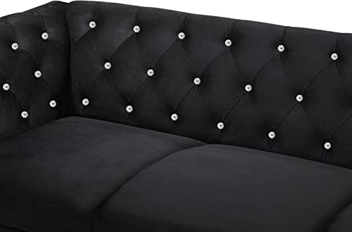 New Classic Furniture Glam Emma Velvet Two Seater Chesterfield Style Loveseat for Small Spaces with Crystal Button Tufts, Black