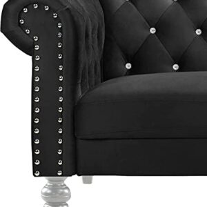 New Classic Furniture Glam Emma Velvet Two Seater Chesterfield Style Loveseat for Small Spaces with Crystal Button Tufts, Black