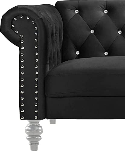 New Classic Furniture Glam Emma Velvet Two Seater Chesterfield Style Loveseat for Small Spaces with Crystal Button Tufts, Black