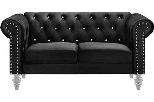 New Classic Furniture Glam Emma Velvet Two Seater Chesterfield Style Loveseat for Small Spaces with Crystal Button Tufts, Black