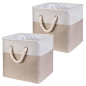 fabric cube storage bins 13x13x12.5 inch light-brown cube storage boxes collapsible large cloth organizer baskets with cotton rops handles for storage cubbies or closet shelf,qy-sc26-2
