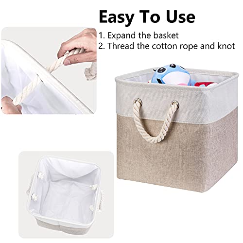 Fabric Cube Storage Bins 13x13x12.5 Inch Light-Brown Cube Storage Boxes Collapsible Large Cloth Organizer Baskets with Cotton Rops Handles for Storage Cubbies or Closet Shelf,QY-SC26-2