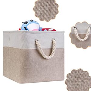 Fabric Cube Storage Bins 13x13x12.5 Inch Light-Brown Cube Storage Boxes Collapsible Large Cloth Organizer Baskets with Cotton Rops Handles for Storage Cubbies or Closet Shelf,QY-SC26-2