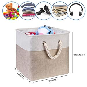 Fabric Cube Storage Bins 13x13x12.5 Inch Light-Brown Cube Storage Boxes Collapsible Large Cloth Organizer Baskets with Cotton Rops Handles for Storage Cubbies or Closet Shelf,QY-SC26-2