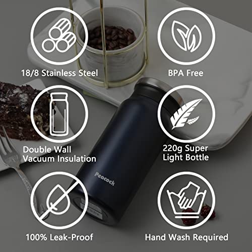 Tsuruya Portable 14oz Leak-proof Screw Lid Insulated Water Bottle 18/8 Double Wall Anti-corrosion Stainless Steel Wide Mouth Coffee Bottle for Travel, Home or Office