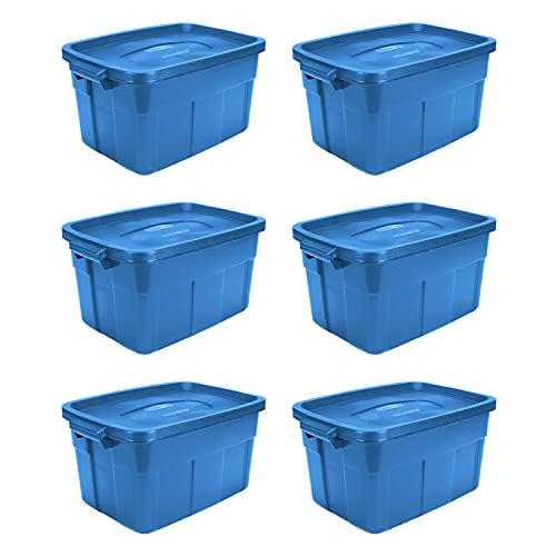 Rubbermaid Roughneck Tote 14 Gallon Stackable Storage Container w/Stay Tight Lid & Easy Carry Handles, Heritage Blue (6 Pack)
