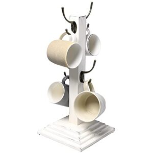 mygift vintage white wood tabletop coffee mug holder hanging tree rack with 4 antique brass tone double hooks