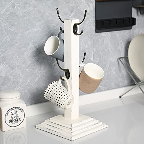 MyGift Vintage White Wood Tabletop Coffee Mug Holder Hanging Tree Rack with 4 Antique Brass Tone Double Hooks