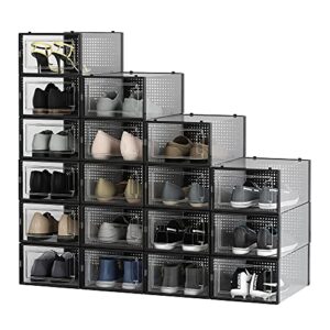 yescom 18 pack shoe storage box clear shoe organizer bins for closets stackable sneaker container foldable home closet apartment use small size black