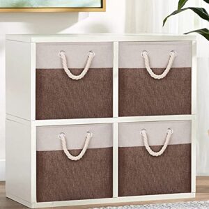 HSDT Fabric Cube Storage Bins 13x13x12.5 Inch Beige and Brown Cube Storage Boxes Collapsible Large Cloth Organizer Baskets with Cotton Rops Handles for Storage Cubbies or Closet Shelf ,QY-SC29-2