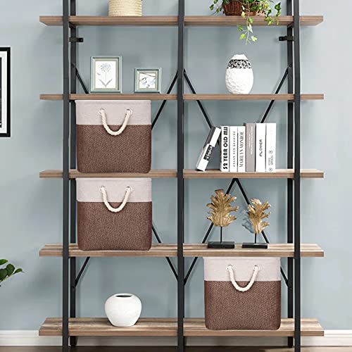 HSDT Fabric Cube Storage Bins 13x13x12.5 Inch Beige and Brown Cube Storage Boxes Collapsible Large Cloth Organizer Baskets with Cotton Rops Handles for Storage Cubbies or Closet Shelf ,QY-SC29-2