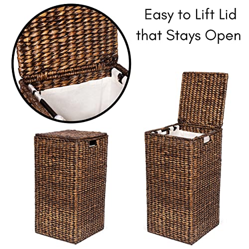 BIRDROCK HOME Single Laundry Hamper with Liner and Lid - Brown Wash - Hand Woven Natural Seagrass Fiber - Organize Clothes Storage - Easy Transport - Single Basket - Liner Bag