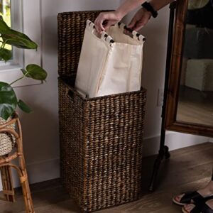 BIRDROCK HOME Single Laundry Hamper with Liner and Lid - Brown Wash - Hand Woven Natural Seagrass Fiber - Organize Clothes Storage - Easy Transport - Single Basket - Liner Bag