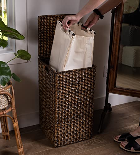 BIRDROCK HOME Single Laundry Hamper with Liner and Lid - Brown Wash - Hand Woven Natural Seagrass Fiber - Organize Clothes Storage - Easy Transport - Single Basket - Liner Bag