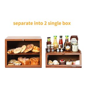 X-cosrack Large Double Separable Bamboo Bread Box Storage with Clear Window and Adjustable Compartment for Kitchen Countertop,Red