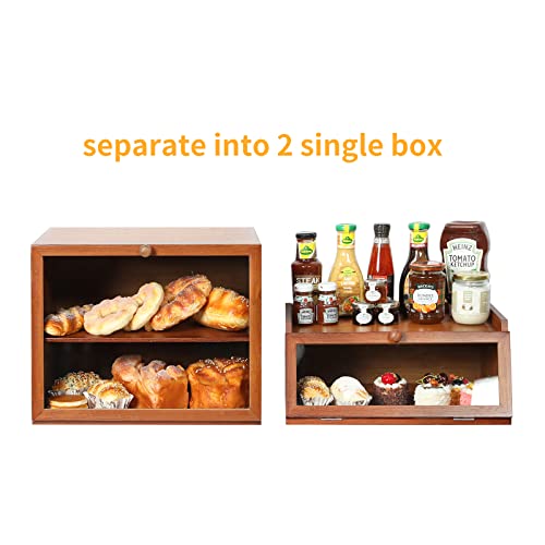 X-cosrack Large Double Separable Bamboo Bread Box Storage with Clear Window and Adjustable Compartment for Kitchen Countertop,Red