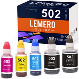 LemeroSuperx T502 502 Compatible Ink Bottle Replacement for Epson 502 T502 Refill Ink Work for ET-2760 ET-3760 ET-2750 ST-4000 ST-2000 ET-3750 ET-7750 ST-3000 (Black Cyan Magenta Yellow, 5-Pack)