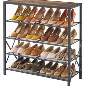 Tajsoon 5-Tier Shoe Rack Organizer, Industrial Shoe Rack for Closet Entryway, Metal Mesh Shoe Storage Shelf with X Shape Fixed Frame, with 2 Hooks, Rustic Brown & Black