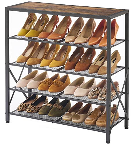 Tajsoon 5-Tier Shoe Rack Organizer, Industrial Shoe Rack for Closet Entryway, Metal Mesh Shoe Storage Shelf with X Shape Fixed Frame, with 2 Hooks, Rustic Brown & Black