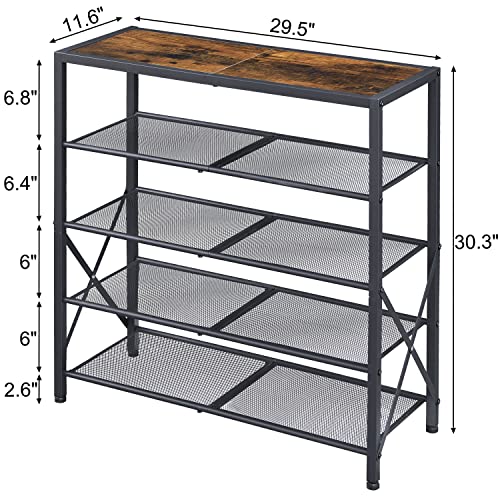 Tajsoon 5-Tier Shoe Rack Organizer, Industrial Shoe Rack for Closet Entryway, Metal Mesh Shoe Storage Shelf with X Shape Fixed Frame, with 2 Hooks, Rustic Brown & Black