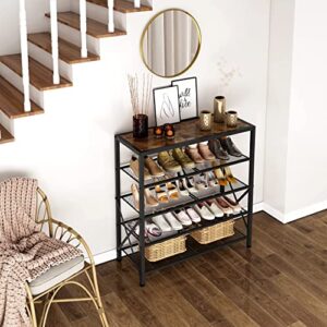 Tajsoon 5-Tier Shoe Rack Organizer, Industrial Shoe Rack for Closet Entryway, Metal Mesh Shoe Storage Shelf with X Shape Fixed Frame, with 2 Hooks, Rustic Brown & Black