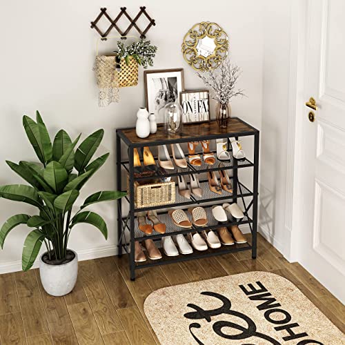 Tajsoon 5-Tier Shoe Rack Organizer, Industrial Shoe Rack for Closet Entryway, Metal Mesh Shoe Storage Shelf with X Shape Fixed Frame, with 2 Hooks, Rustic Brown & Black