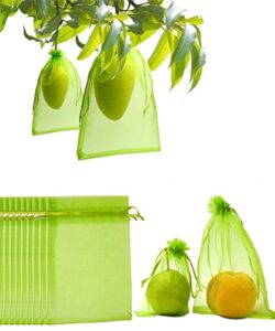miuezuth 50pcs fruit protection netting bags for fruit trees, 9x6 inch garden mesh barrier bags to protect plants from pest birds squirrels, fruit cover mesh bag with drawstring, reusable, green