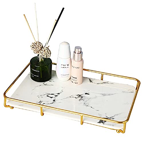 Dobbyby Vanity Tray Makeup Organizer Cosmetics Storage Bathroom Skincare Organizer Countertop Display Rack in Dresser Stainless Steel Shelf Marble Print Ceramic Trays