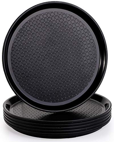 Yesland 6 Pack Restaurant Serving Trays, 11 Inch Non-Slip Tray Ottoman Tray, Plastic Coffee Table Circle Tray with Raised Edges for Breakfast, Drinks, Snack for Coffee Table, Dining Table, Black
