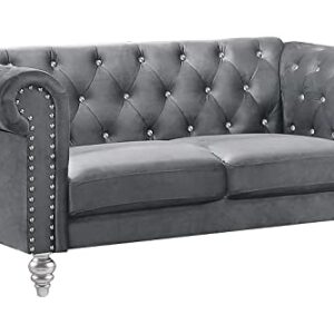 New Classic Furniture Glam Emma Velvet Two Seater Chesterfield Style Loveseat for Small Spaces with Crystal Button Tufts, Gray