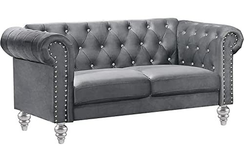 New Classic Furniture Glam Emma Velvet Two Seater Chesterfield Style Loveseat for Small Spaces with Crystal Button Tufts, Gray