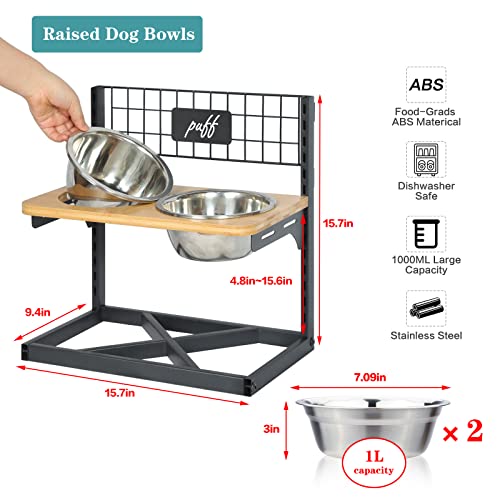 Elevated Dog Bowls, 12 Adjustable Bamboo Raised Dog Bowls Stand Feeder Water with 2 Stainless Bowls, Adjustable 4.8" up to 15.7" Heights Pet Raised Bowls for Small Medium Large Dogs and Cats