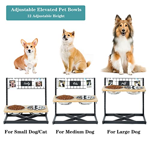 Elevated Dog Bowls, 12 Adjustable Bamboo Raised Dog Bowls Stand Feeder Water with 2 Stainless Bowls, Adjustable 4.8" up to 15.7" Heights Pet Raised Bowls for Small Medium Large Dogs and Cats