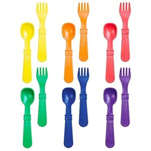 re play made in usa 12pk fork and spoon utensil set for baby & toddler feeding in yellow, red, navy, amethyst, green & orange -bpa free- made of eco friendly recycled milk jugs- crayon box