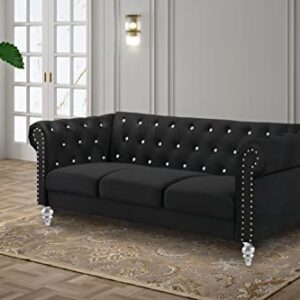 New Classic Furniture Glam Emma Velvet Three Seater Chesterfield Style Sofa for Small Spaces with Crystal Button Tufts, Black