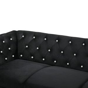 New Classic Furniture Glam Emma Velvet Three Seater Chesterfield Style Sofa for Small Spaces with Crystal Button Tufts, Black