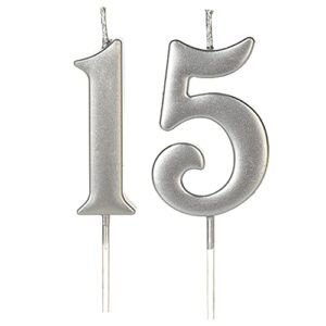 silver 15th birthday candles for cake, number 15 1 5 glitter candle party anniversary cakes decoration for kids women or men