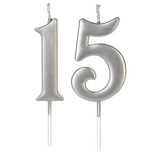 Silver 15th Birthday Candles for Cake, Number 15 1 5 Glitter Candle Party Anniversary Cakes Decoration for Kids Women or Men