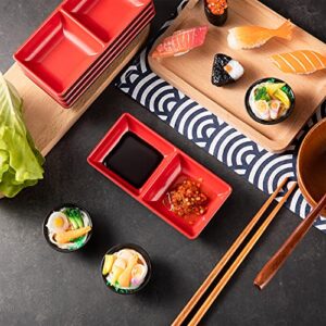 6 Pieces Dual Dipping Bowls Melamine Dual Sauce Bowls Dual Sauce Dishes Divided Sauce Dishes Wasabi Sushi Dipping Plates Appetizer Serving Tray for Restaurant Kitchen, Soy Sauce, Ketchup, BBQ Sauce