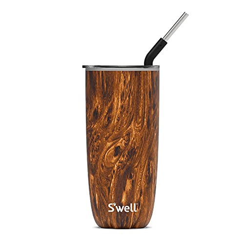 S'well Stainless Steel Tumbler with Straw - 24 Fl Oz - Teakwood - Triple-Layered Vacuum-Insulated Containers Keeps Drinks Cold for 18 Hot for 5 Hours - BPA-Free Water Bottle