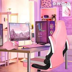 N-GEN Gaming Chair Ergonomic Office Chair PC Desk Chair with Lumbar Support Flip Up Arms Levelled Seat Style Headrest PU Leather Executive High Back Computer Chair for Adults Women Men (4. Peach Pink)