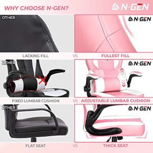 N-GEN Gaming Chair Ergonomic Office Chair PC Desk Chair with Lumbar Support Flip Up Arms Levelled Seat Style Headrest PU Leather Executive High Back Computer Chair for Adults Women Men (4. Peach Pink)