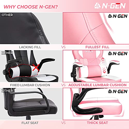 N-GEN Gaming Chair Ergonomic Office Chair PC Desk Chair with Lumbar Support Flip Up Arms Levelled Seat Style Headrest PU Leather Executive High Back Computer Chair for Adults Women Men (4. Peach Pink)