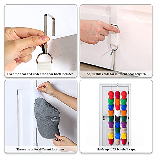 27 Hooks hat rack for wall Baseball Wall Mount Hanger Closet Ball Caps 3 White Sturdy Hat Rack over The Door Hanging Cap Display Organizer for Organization Women Man Girls Teen Kids Storage