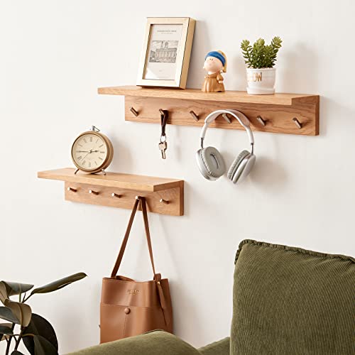 TRWISWDC Coat Rack Shelf Wall Mounted Oak Wood Entryway Shelf with 5 Hooks Wall Coat Hook Rack with Floating Shelf for Bedroom, Living Room, Kitchen (Natural,20 inch)