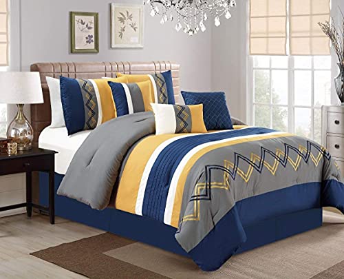 Chezmoi Collection Arden 7-Piece Modern Pleated Stripe Embroidered Zigzag Bedding Comforter Set (Queen, Navy/Gray/Yellow/White)