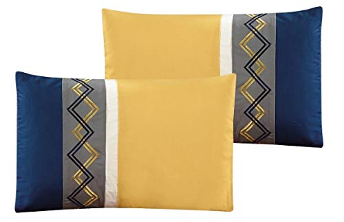 Chezmoi Collection Arden 7-Piece Modern Pleated Stripe Embroidered Zigzag Bedding Comforter Set (Queen, Navy/Gray/Yellow/White)