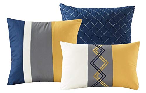 Chezmoi Collection Arden 7-Piece Modern Pleated Stripe Embroidered Zigzag Bedding Comforter Set (Queen, Navy/Gray/Yellow/White)