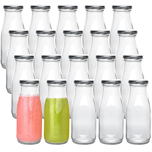 12 oz Glass Bottles, Clear Glass Milk Bottles with Silver Metal Airtight Lids, Vintage Breakfast Shake Clear Container, Vintage Drinking Bottles with Whiteboard Labels and Pen for Party,Kids,Set of 20